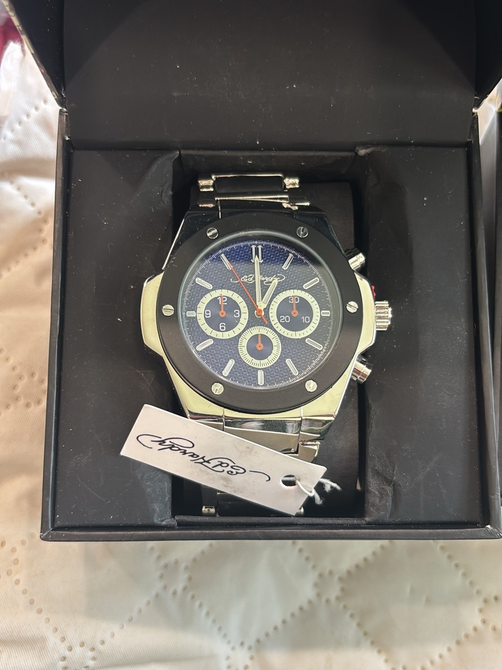 Ed Hardy Men's Silver Watch with Blue Dial and Red Accents